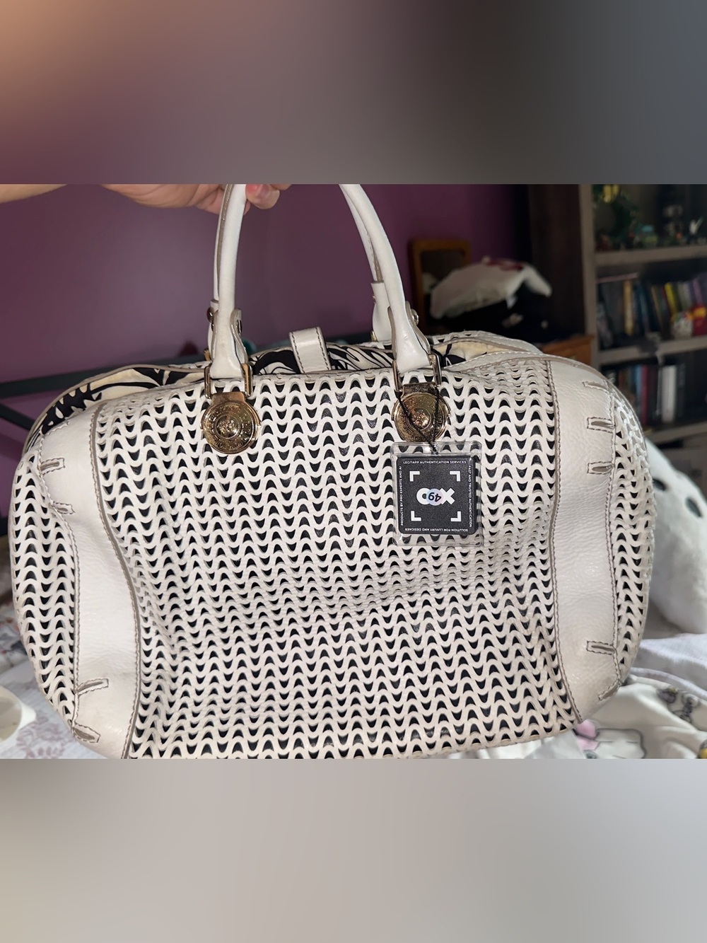 Pre-loved Versace White Woven Satchel Handbag with Gold Accents - Authenticated